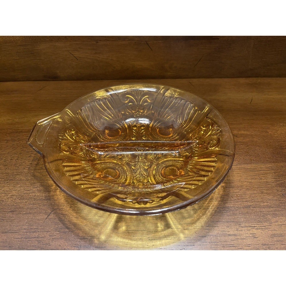 Amber Colored Vintage Glass‎ Divided Candy Dish w/Handle - 7.5"